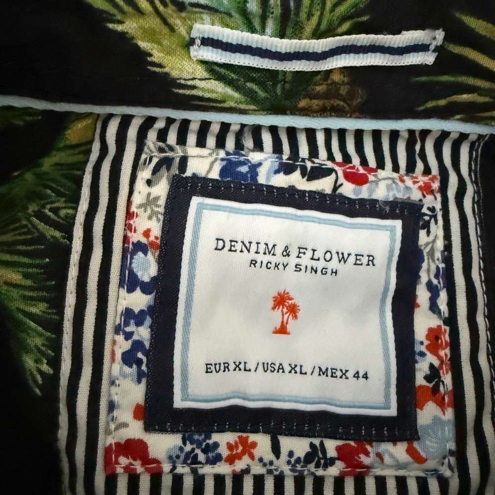 Denim & Flower Flamingo Palm Tree Tropical Button Down Shirt Black XL Slim Fit - Picture 9 of 11